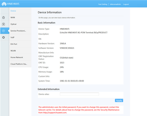 HN8346V5 HUAWEI EPON ONT 4GE 1POTS 2USB 2.4G 5G WiFi Dual Band English Firmware